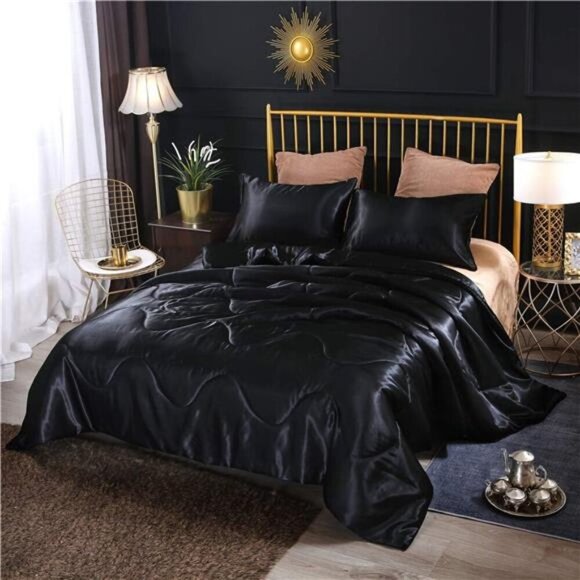 Silky Satin Comforter Set Queen Black,Soft Lightweight Microfiber Luxury Quilted
